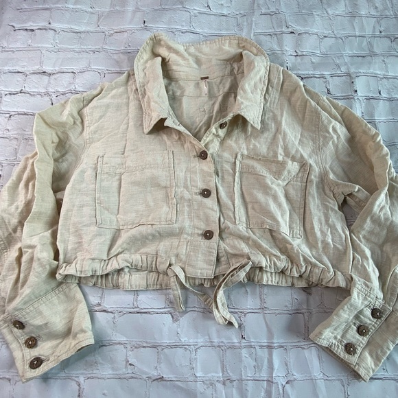 Free People Tops - Free People Tan Beige Linen Blend Long Sleeve Crop Top Shirt Size Medium